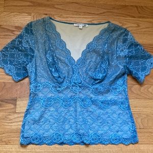 Leigh Bantivoglio Blue French Lace Short Sleeve Top, Size L, NWOT